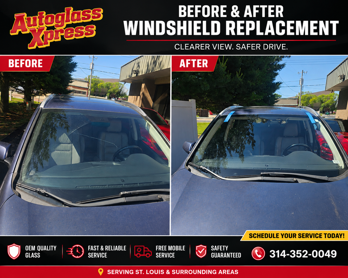 Before and after windshield replacement by Auto Glass Xpress in St. Louis Missouri